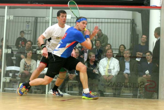 New Zealand's Campbell Grayson loads up for a backhand in his Qualifier defeat of Jamaica's Chris Binnie. (BAC photo)