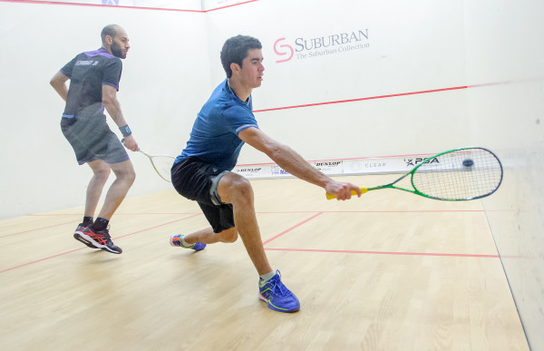 Diego Elias stayed the course and brought the crowd to its feet with his upset of Marwan ElShorbagy. (Photo by Bryan Mitchell for BAC)