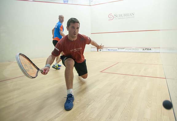 BIRMINGHAM, MICHIGAN, USA - JANUARY 29: Mathieu Castagnet (France), front, Olli Tuominen (Finland) compete in a qualifying round during the 2019 Motor City Open (MCO) squash tournament, presented by The Suburban Collection, Tuesday, January 29, 2019 at the Birmingham Athletic Club in Birmingham, Michigan. (Photo by Bryan Mitchell for BAC)