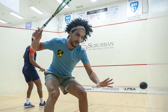 BIRMINGHAM, MICHIGAN, USA - JANUARY 29: Mazen Hesham (Egypt), front, and Ritchie Fallows (England) compete in a qualifying round during the 2019 Motor City Open (MCO) squash tournament, presented by The Suburban Collection, Tuesday, January 29, 2019 at the Birmingham Athletic Club in Birmingham, Michigan. (Photo by Bryan Mitchell for BAC)