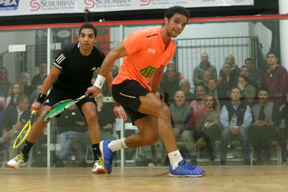 In a battle of good friends, Egypt's Mohamed Abouelghar 9foreground) defeated countryman Zahed Salen in four tight games. (MCO photo)